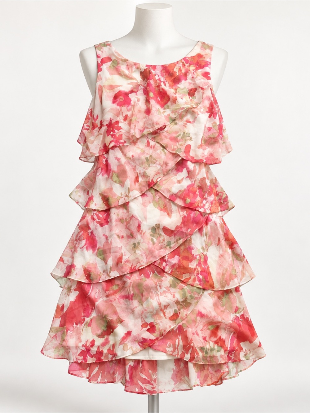 S.L. Fashions Pink and Cream Floral Tiered Chiffon Dress